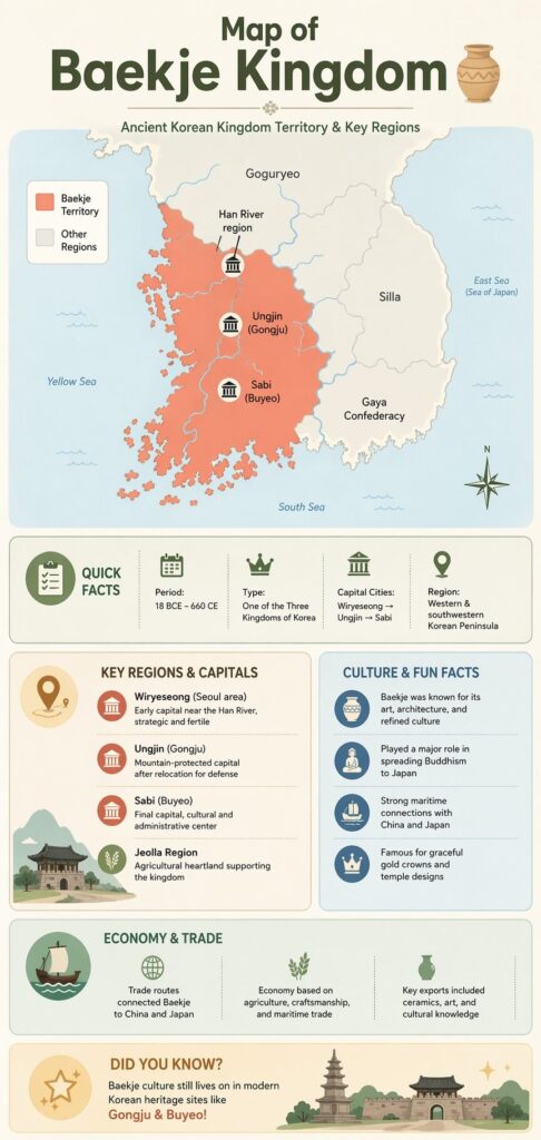Ancient Baekje Kingdom map showing territory in southwestern Korea
