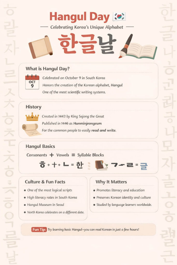 Korean Hangul alphabet displayed for Hangul Day celebration