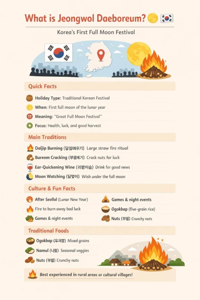 Visual guide to Jeongwol Daeboreum in South Korea including fire rituals, moon watching, and seasonal foods