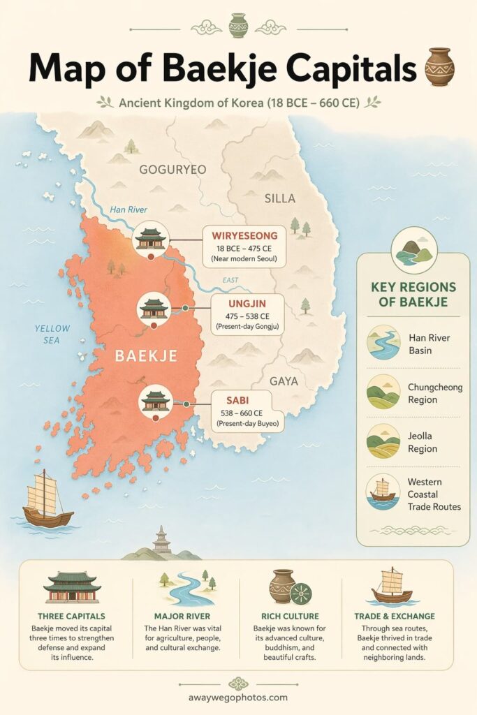 Map showing Baekje capitals
