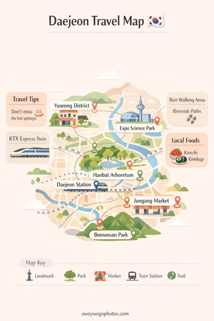 Tourist map of Daejeon South Korea featuring major attractions and districts