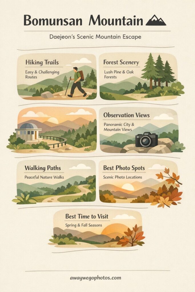 Hike Bomunsan Mountain Nature lovers should explore Bomunsan Mountain for scenic hiking trails and panoramic city views. Best For Sunrise hikes Local mountain culture Photography Autumn foliage